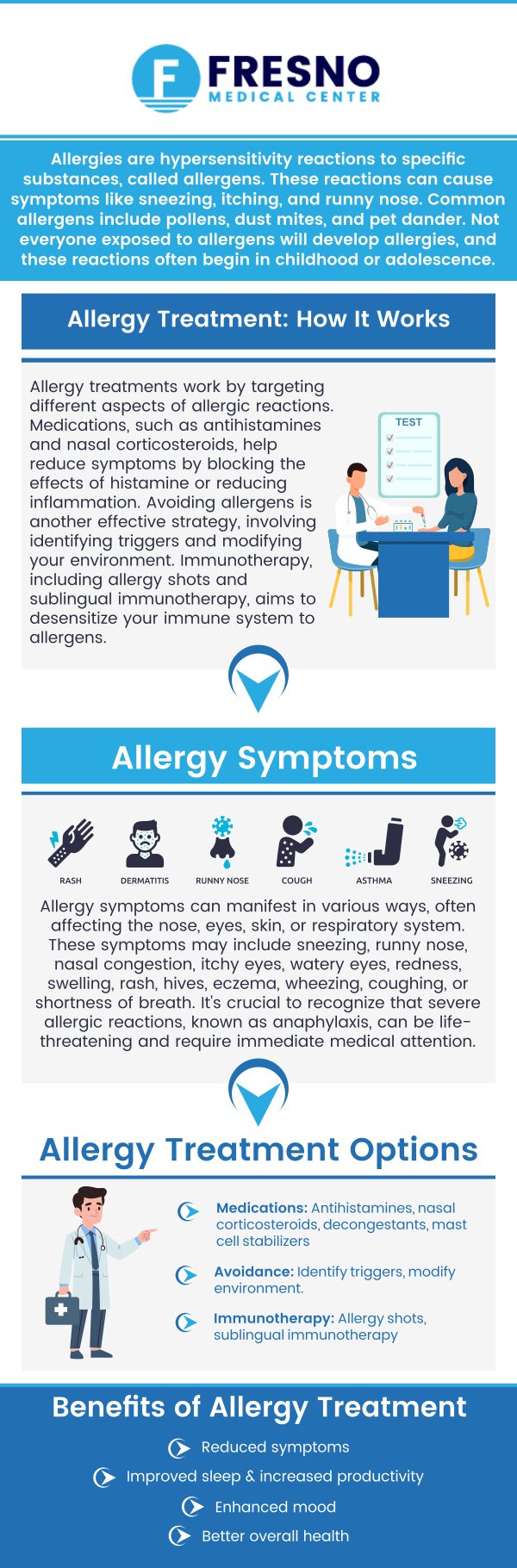 Allergy tests can help identify the source of an allergic reaction. There are different allergy tests. Based on your symptoms and potential allergy triggers, Dr. Gurmej Dhillon, MD, and our team of&nbsp;healthcare professionals at Fresno Medical Center will recommend the appropriate test for you. If you have allergies, you can make efforts to alleviate your symptoms. Contact us for more information or schedule an appointment online. We are conveniently located at&nbsp;6069 N First St # 103, Fresno, CA 93710.