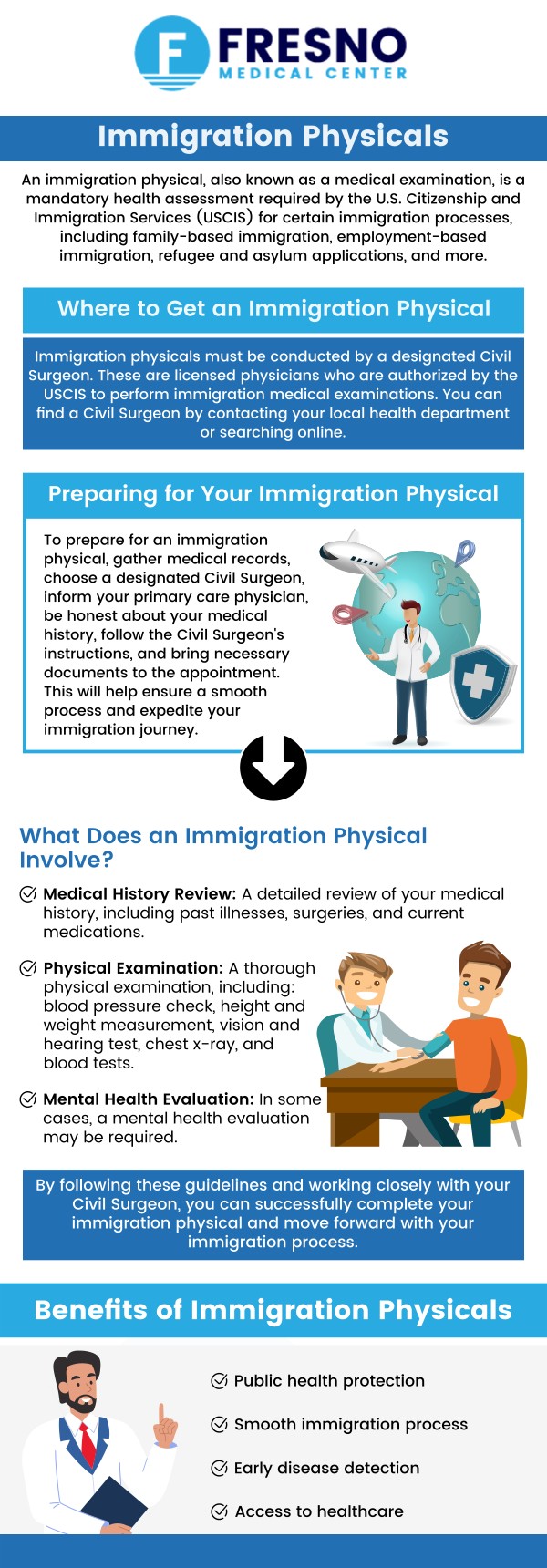 The immigration medical examination includes a review of your medical history and a physical exam. If you require an immigration medical exam or want to learn more, talk to our team at Fresno Medical Center today about an immigration physical exam for you and your family. For more information, contact us now or schedule an appointment online. We are conveniently located at&nbsp;6069 N First St # 103, Fresno, CA 93710.