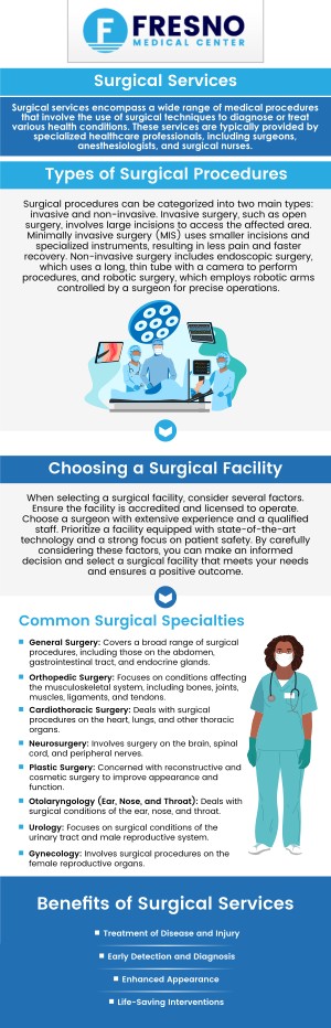 Common Questions Asked by Patients: What is a surgical medical procedure? What is the most common general surgery? What falls under general surgery?

Our experienced doctors at Fresno Medical Center provide surgical procedure services in Fresno, CA. Contact us for more information or book an appointment online. We are located at 6069 N First St # 103, Fresno, CA 93710.
