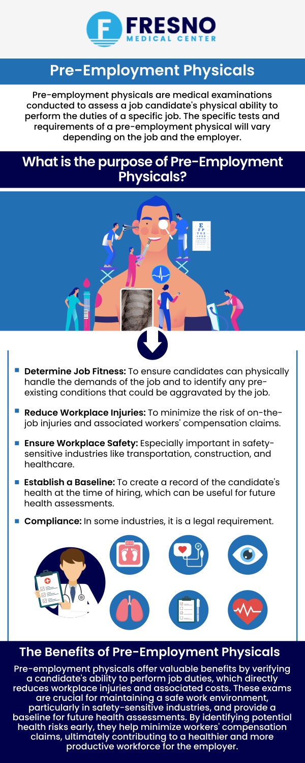 So, you landed the big job, and now you need a pre-employment physical. We can help with that!&nbsp;At Fresno Medical Center, Dr. Gurmej Dhillon, MD,&nbsp;offers pre-employment physicals in Fresno CA.&nbsp;These evaluations include medical history reviews, physical exams, and tests like vision and hearing. Our services ensure compliance with job requirements, offering thorough and efficient assessments. Contact&nbsp;us&nbsp;today or visit us&nbsp;online&nbsp;to&nbsp;book an appointment.&nbsp;We are conveniently located at&nbsp;6069 N First St # 103, Fresno, CA 93710.