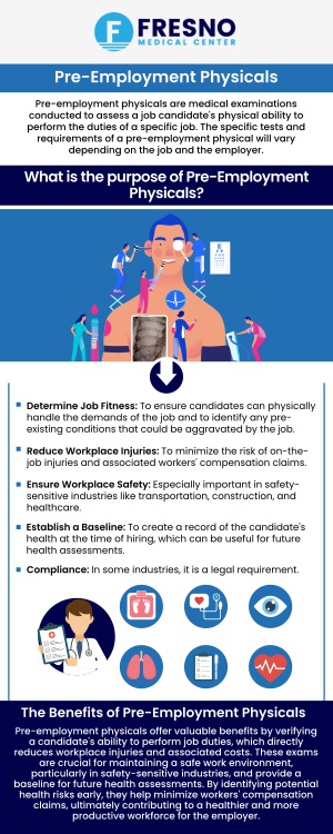 So, you landed the big job, and now you need a pre-employment physical. We can help with that!&nbsp;At Fresno Medical Center, Dr. Gurmej Dhillon, MD,&nbsp;offers pre-employment physicals in Fresno CA.&nbsp;These evaluations include medical history reviews, physical exams, and tests like vision and hearing. Our services ensure compliance with job requirements, offering thorough and efficient assessments. Contact&nbsp;us&nbsp;today or visit us&nbsp;online&nbsp;to&nbsp;book an appointment.&nbsp;We are conveniently located at&nbsp;6069 N First St # 103, Fresno, CA 93710.