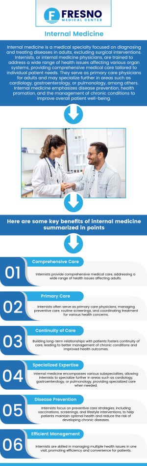 Internal medicine is a medical specialty focused on the prevention, diagnosis, and treatment of adult diseases. At Fresno Medical Center, we offer comprehensive internal medicine services to ensure your overall health and wellness. Dr. Gurmej Dhillon, MD, specializes in managing both acute and chronic conditions for adults. We focus on providing personalized care to meet the specific needs of each patient, ensuring optimal health and quality of life. For more information, contact us or schedule an appointment. We are conveniently located at 6069 N First St # 103, Fresno, CA 93710.