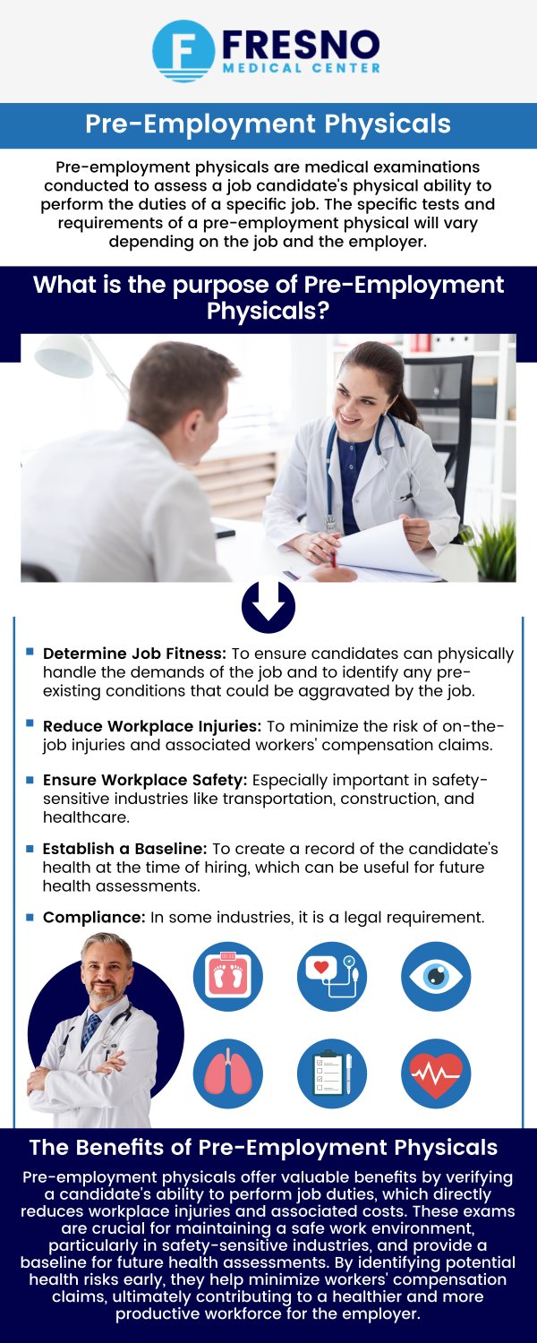A pre-employment physical exam ensures you're in good health before starting a new job. It typically includes checks for blood pressure, vision, hearing, and overall physical fitness, with additional tests based on job requirements, such as drug screenings or musculoskeletal exams. Your medical history will also be reviewed to assess any potential risks. At Fresno Medical Center, Dr. Gurmej Dhillon, MD, provides thorough pre-employment physical exams tailored to ensure you're fit for the role and that any pre-existing conditions are properly managed before beginning your job. Contact us for more information or schedule an appointment online. We are conveniently located at&nbsp;6069 N First St # 103, Fresno, CA 93710.