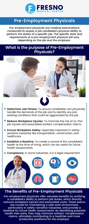 A pre-employment physical exam ensures you're in good health before starting a new job. It typically includes checks for blood pressure, vision, hearing, and overall physical fitness, with additional tests based on job requirements, such as drug screenings or musculoskeletal exams. Your medical history will also be reviewed to assess any potential risks. At Fresno Medical Center, Dr. Gurmej Dhillon, MD, provides thorough pre-employment physical exams tailored to ensure you're fit for the role and that any pre-existing conditions are properly managed before beginning your job. Contact us for more information or schedule an appointment online. We are conveniently located at&nbsp;6069 N First St # 103, Fresno, CA 93710.