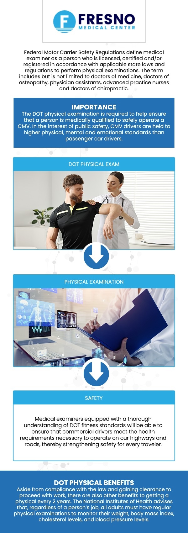 To pass a DOT physical exam, commercial drivers must have a blood pressure below 140/90 mmHg. If it's higher, additional documentation may be needed to confirm the condition is managed. For severe cases (above 180/110 mmHg), you won&rsquo;t pass the exam until your blood pressure is controlled. At Fresno Medical Center, Dr. Gurmej Dhillon, MD, ensures commercial drivers meet these requirements and provides guidance on managing blood pressure for certification. Contact us for more information or schedule an appointment online. We are conveniently located at&nbsp;6069 N First St # 103, Fresno, CA 93710.