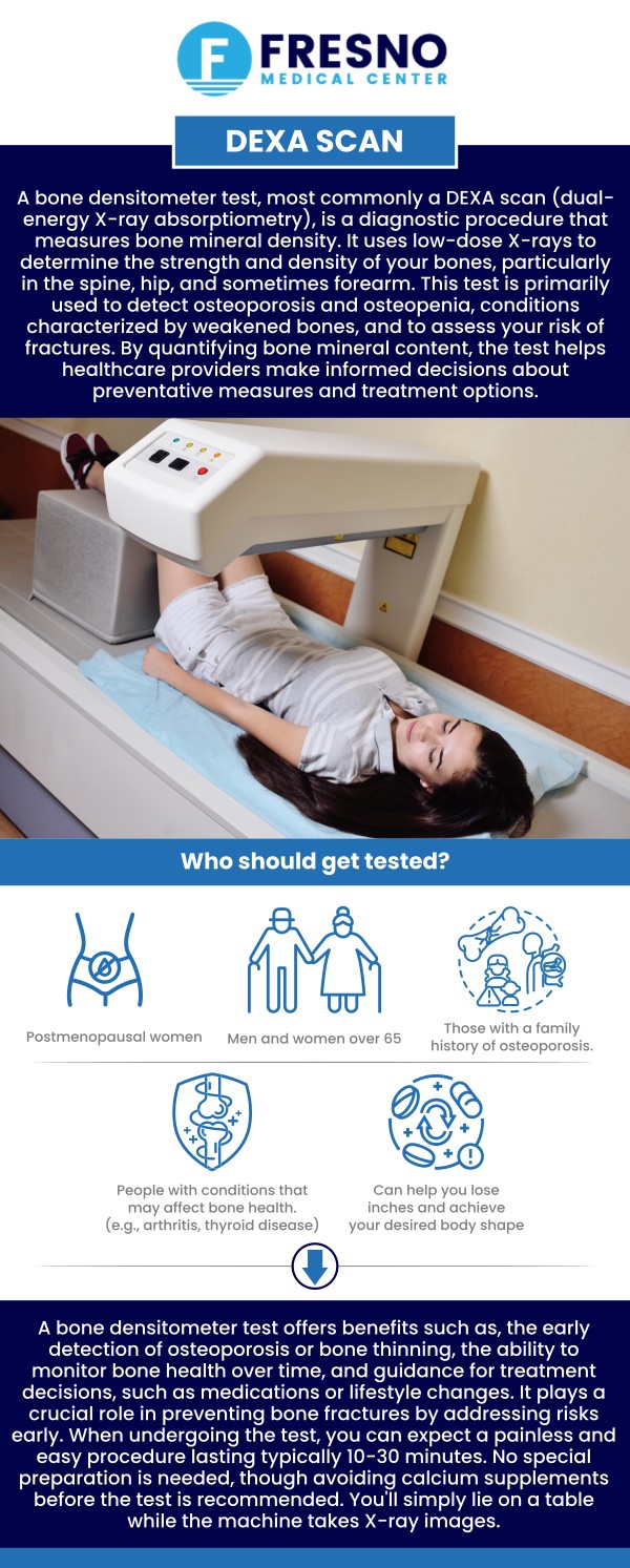 A DEXA scan in Fresno, CA, is an essential diagnostic tool for assessing bone density and detecting early signs of osteoporosis. Dr. Gurmej Dhillon at Fresno Medical Center offers this non-invasive test to help patients monitor their bone health and take preventive measures. The scan is quick, accurate, and provides crucial information about bone strength. With early detection, patients can make informed decisions to protect their bones and improve overall health. Contact us now for more information or schedule an appointment online. We are conveniently located at 6069 N First St # 103, Fresno, CA 93710.