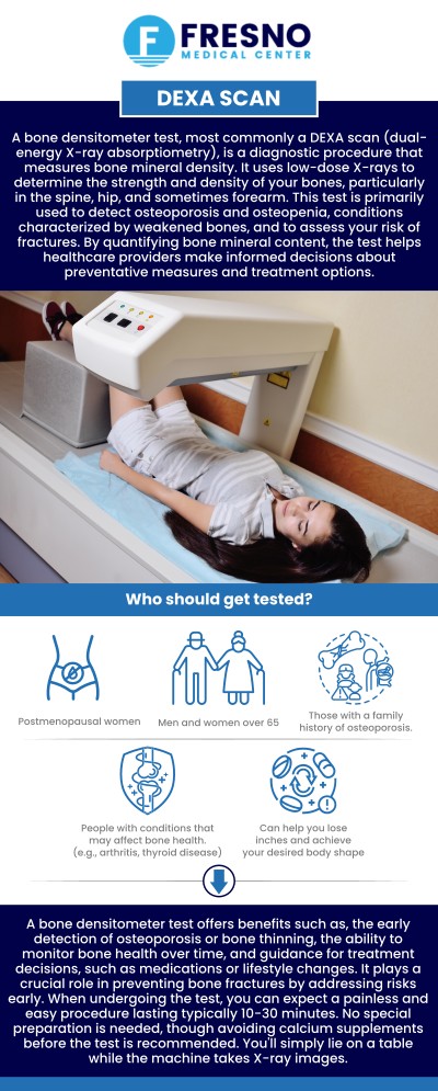 A DEXA scan in Fresno, CA, is an essential diagnostic tool for assessing bone density and detecting early signs of osteoporosis. Dr. Gurmej Dhillon at Fresno Medical Center offers this non-invasive test to help patients monitor their bone health and take preventive measures. The scan is quick, accurate, and provides crucial information about bone strength. With early detection, patients can make informed decisions to protect their bones and improve overall health. Contact us now for more information or schedule an appointment online. We are conveniently located at 6069 N First St # 103, Fresno, CA 93710.