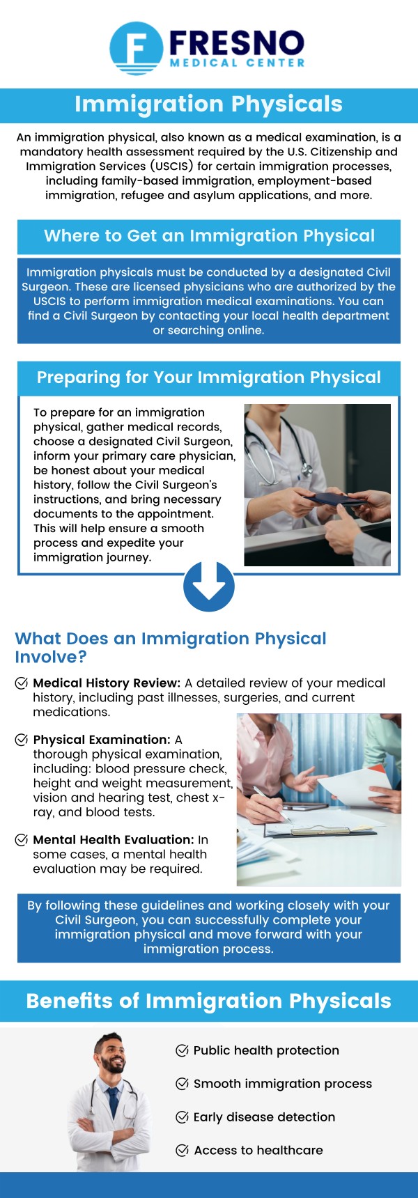 The requirements for USCIS immigration physicals include a thorough medical examination to ensure applicants meet health standards for immigration. Dr. Gurmej Dhillon at Fresno Medical Center provides these exams, which typically involve a review of medical history, physical examination, required vaccinations, and testing for communicable diseases. This essential screening helps determine eligibility for a visa or green card. By completing the immigration physical, Dr. Dhillon ensures patients meet USCIS guidelines for a smooth immigration process. Contact us now for more information or schedule an appointment online. We are conveniently located at 6069 N First St # 103, Fresno, CA 93710.